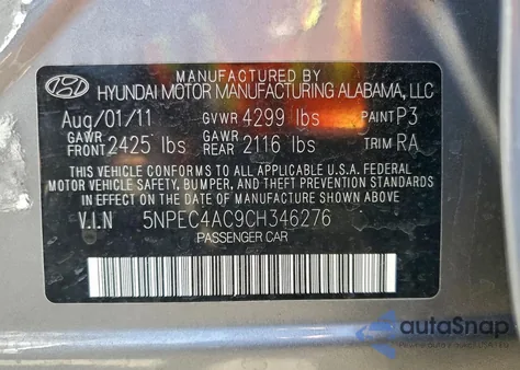 2012 Hyundai Sonata Se z USA, uszkodzony, nr VIN 5NPEC4AC9CH346276